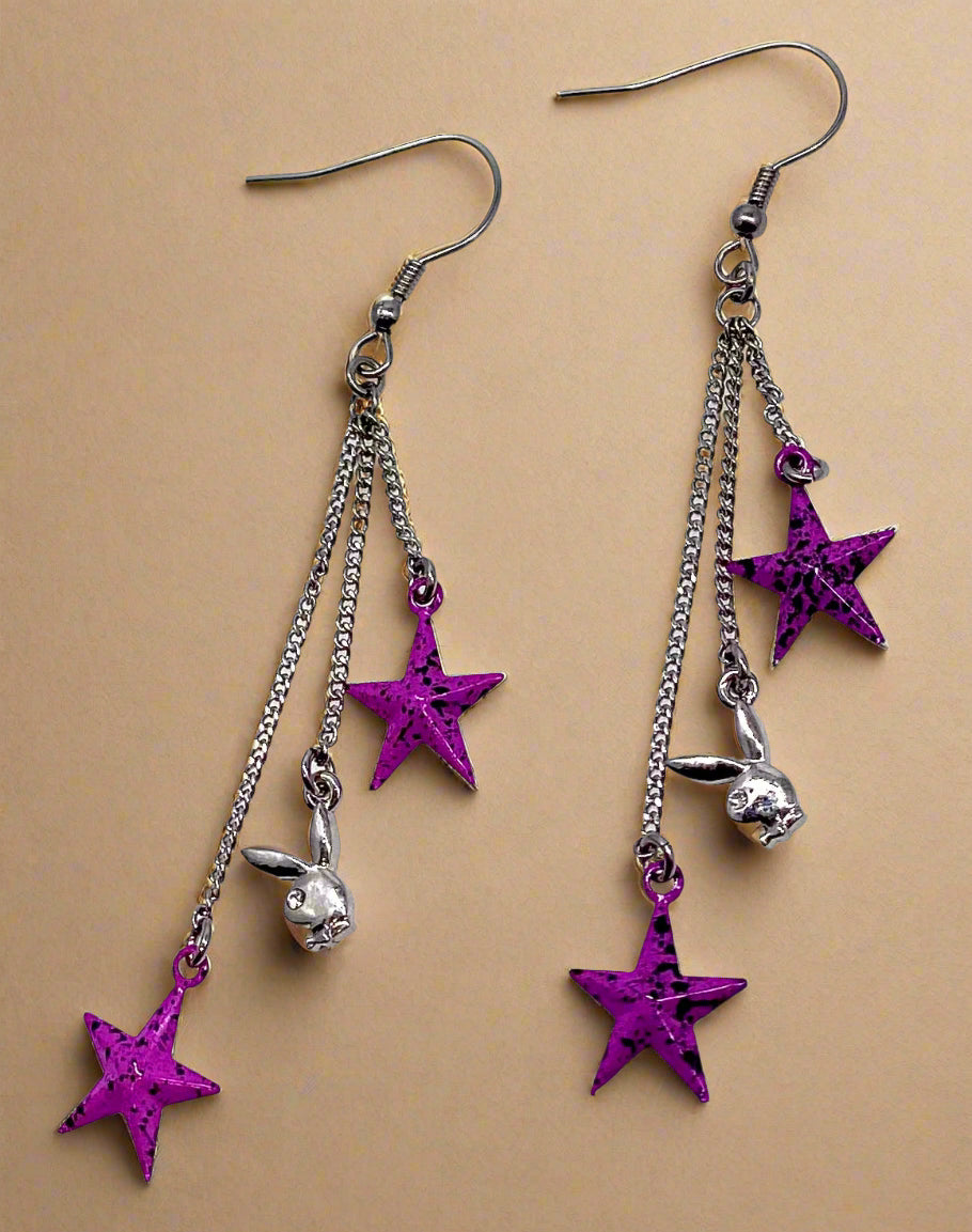 Playboy Star Chain Earrings – Purple Star & Bunny Charms in Stainless Steel