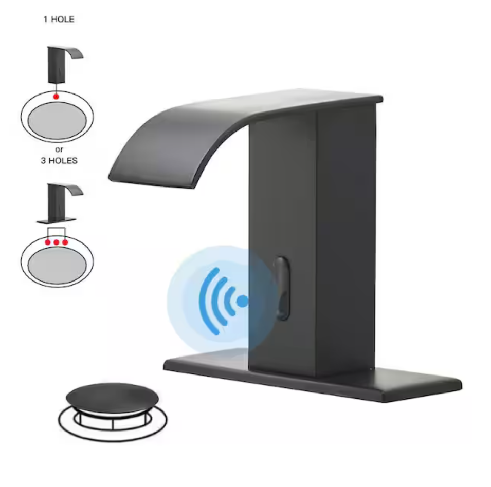 Waterfall Touchless Bathroom Faucet – Matte Black | Sensor-Activated with Pop-Up Drain & Deck Plate