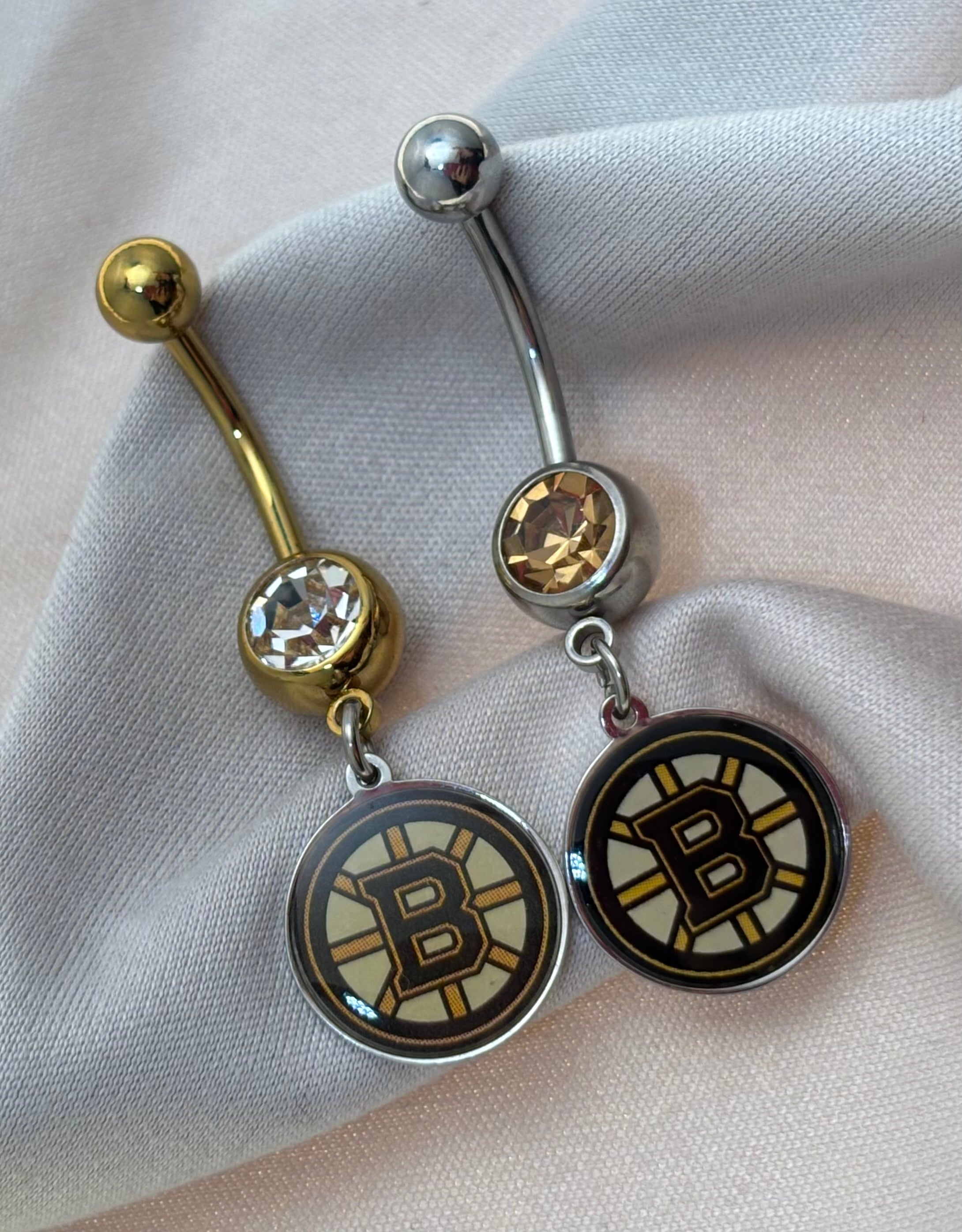 Boston Bruins NHL Dangle Belly Ring – Gold or Silver Stainless Bar