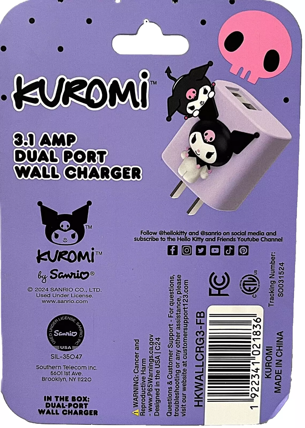 Hello Kitty KUROMI Dual Port Wall Charger 3.1 AMP USB A & C Brand NEW