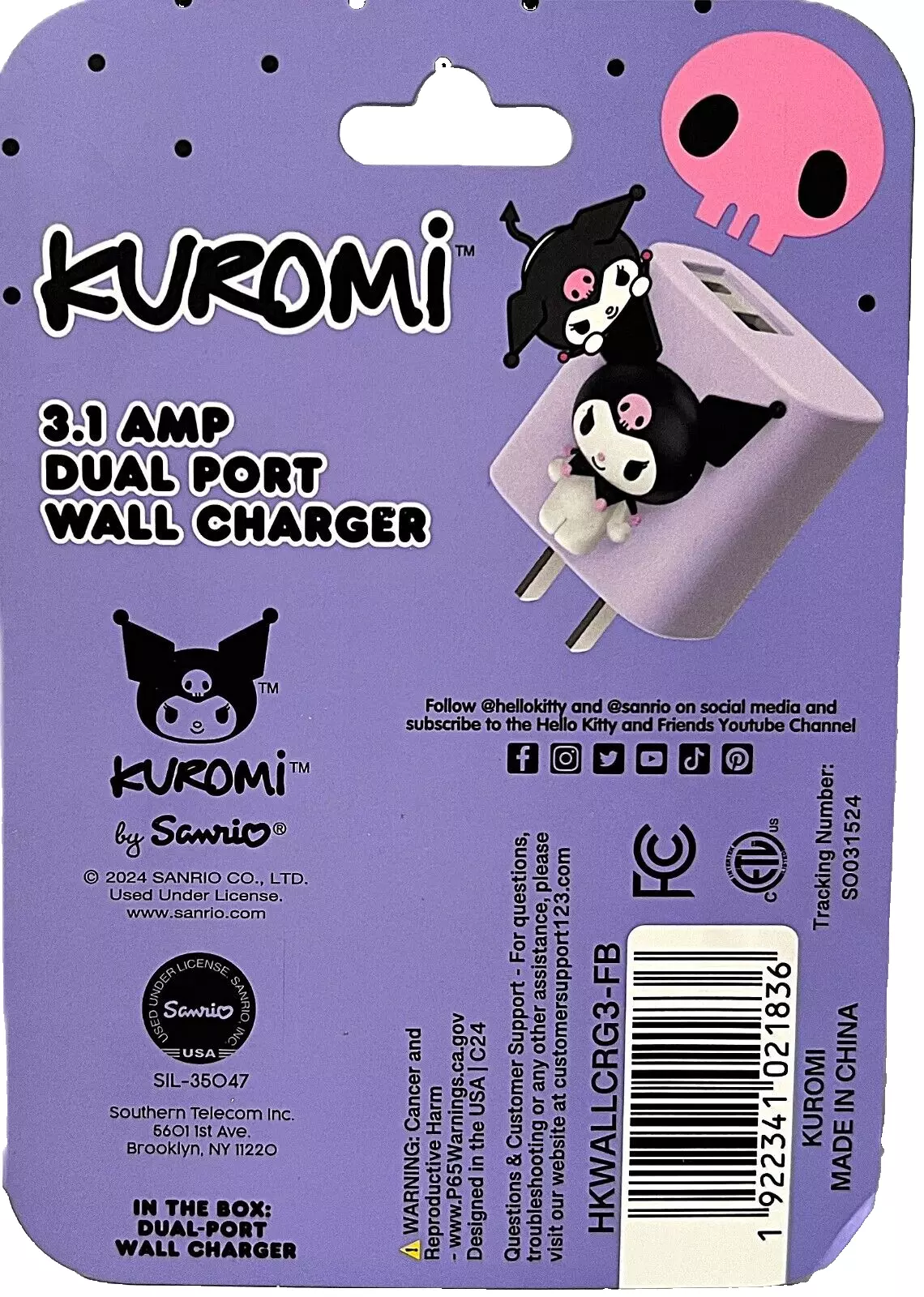 Hello Kitty KUROMI Dual Port Wall Charger 3.1 AMP USB A & C Brand NEW
