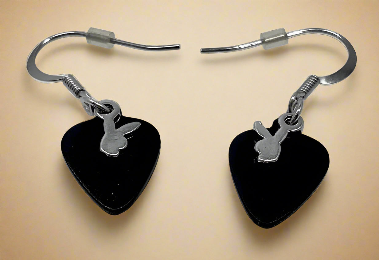 Playboy Black Heart Earrings – Silver Bunny Accent on Stainless Steel Hooks