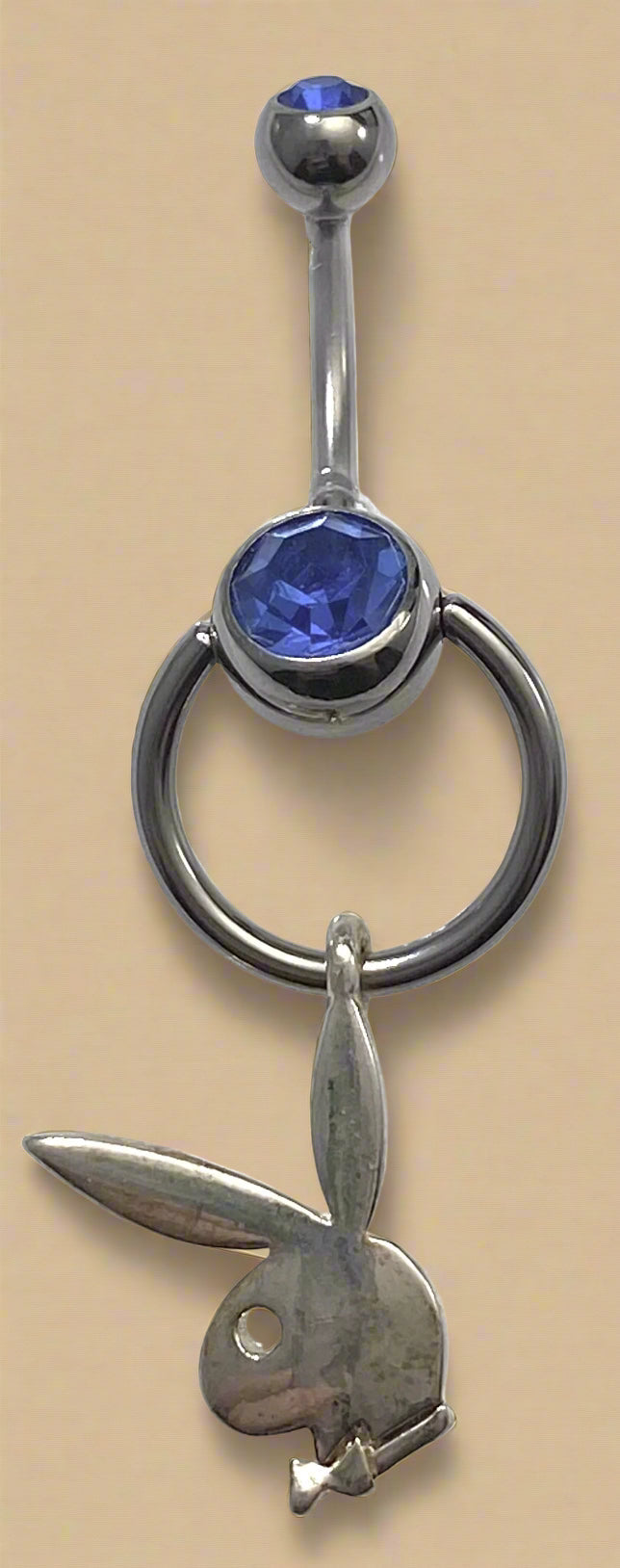 Playboy Blue Crystal Circle Bunny Head with White Eye Belly Ring Stainless Steel