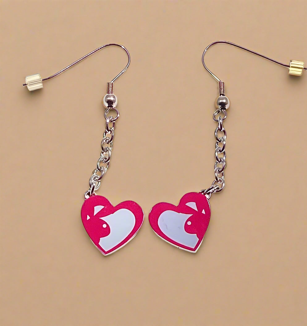 Playboy Double Heart Drop Earrings – Pink & White Design in Stainless Steel