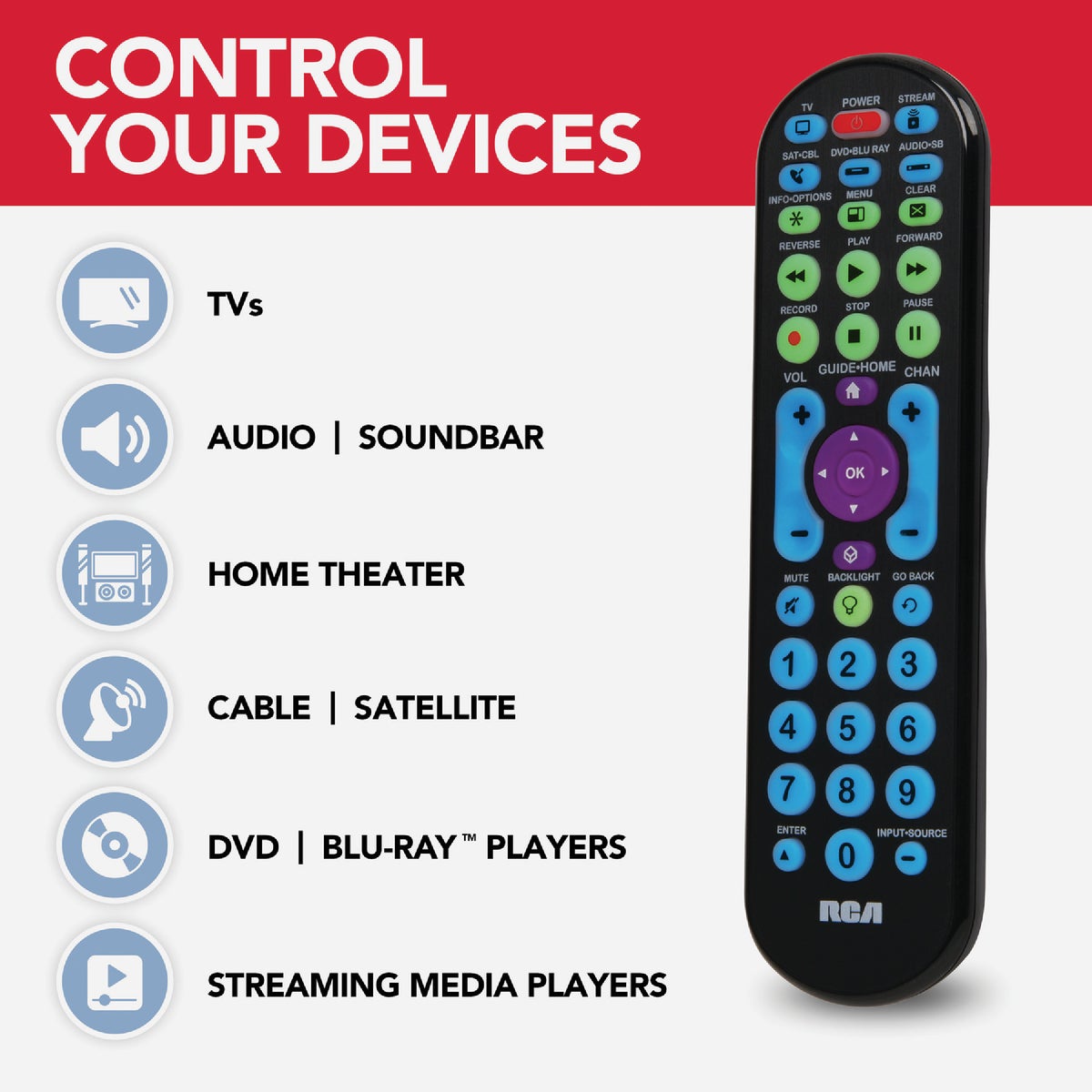 RCA 5-Device Universal Big Button Remote Control – Black