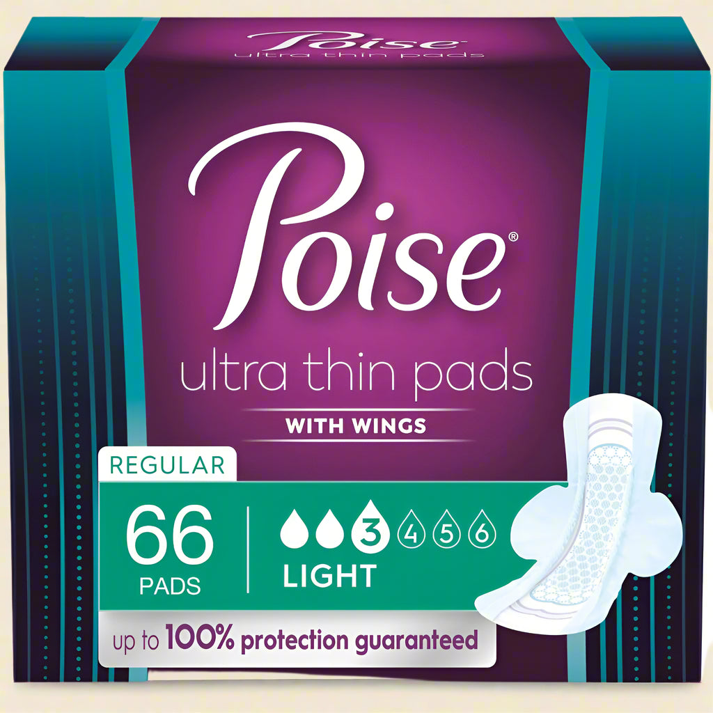 Poise Ultra Thin Incontinence Pads with Wings – Light Absorbency (66 Count)