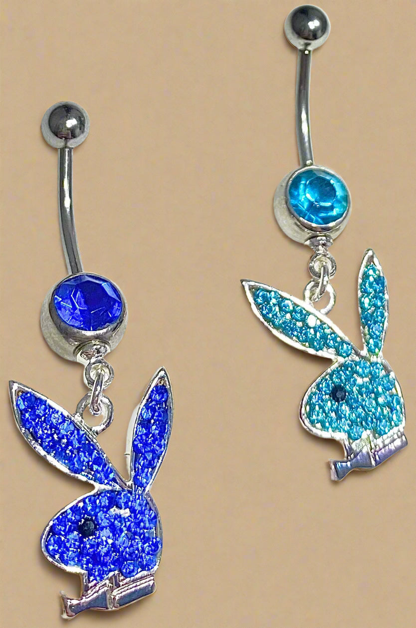 Playboy Blue & Aqua Crystal Bunny Head Belly Ring Set Stainless Steel