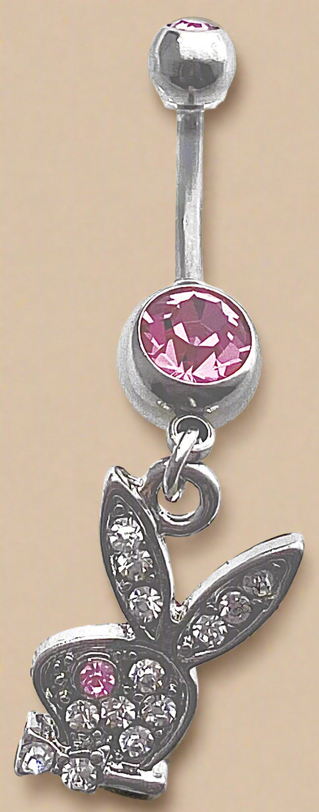 Playboy White & Pink Crystal Bunny Head Belly Ring Stainless Steel