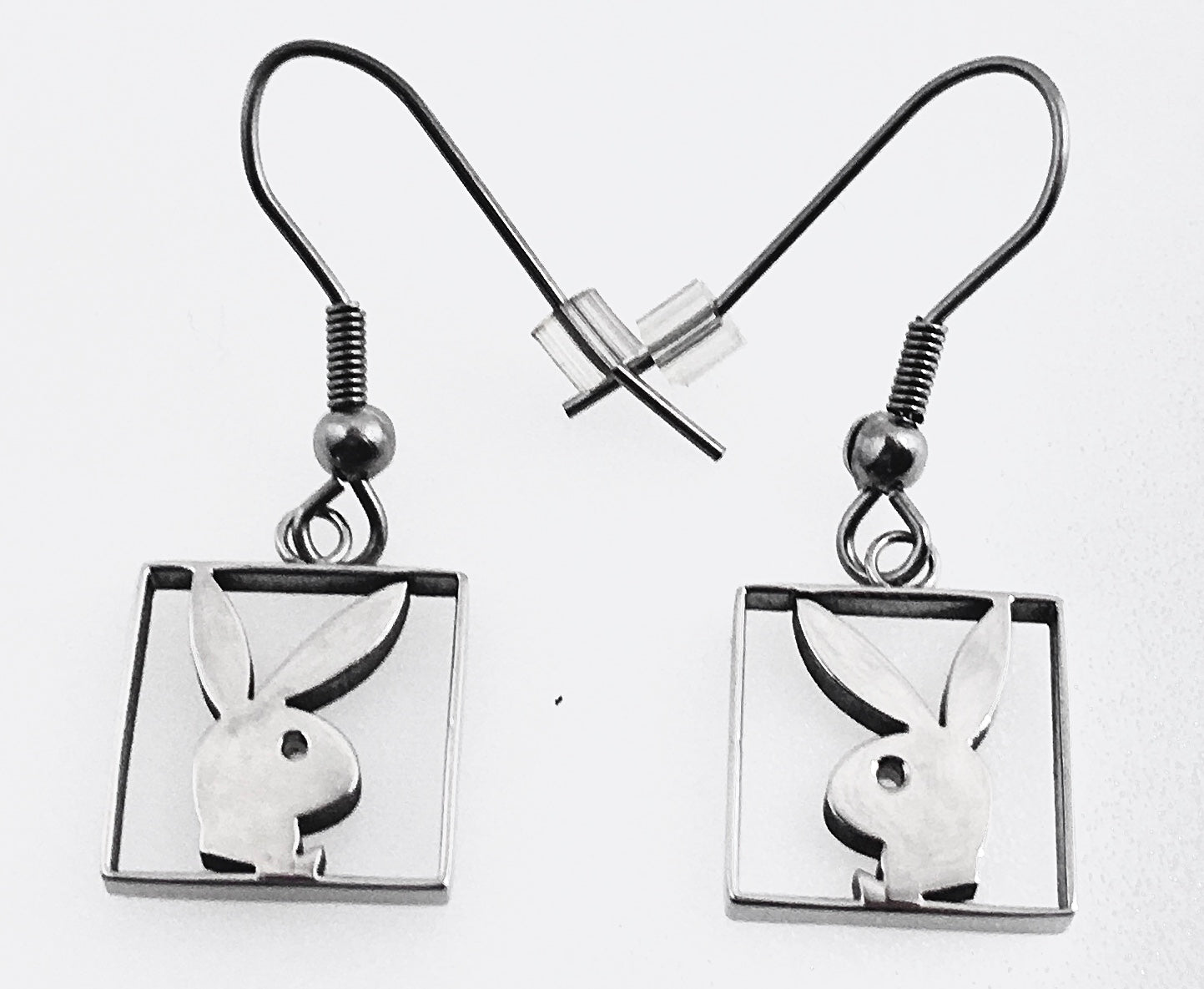 Playboy Box Frame Earrings – Stainless Steel Bunny Head Drop Design