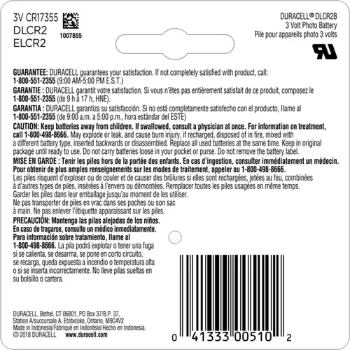 Duracell CR2 Lithium Battery – 3V, 800mAh (1 Pack)