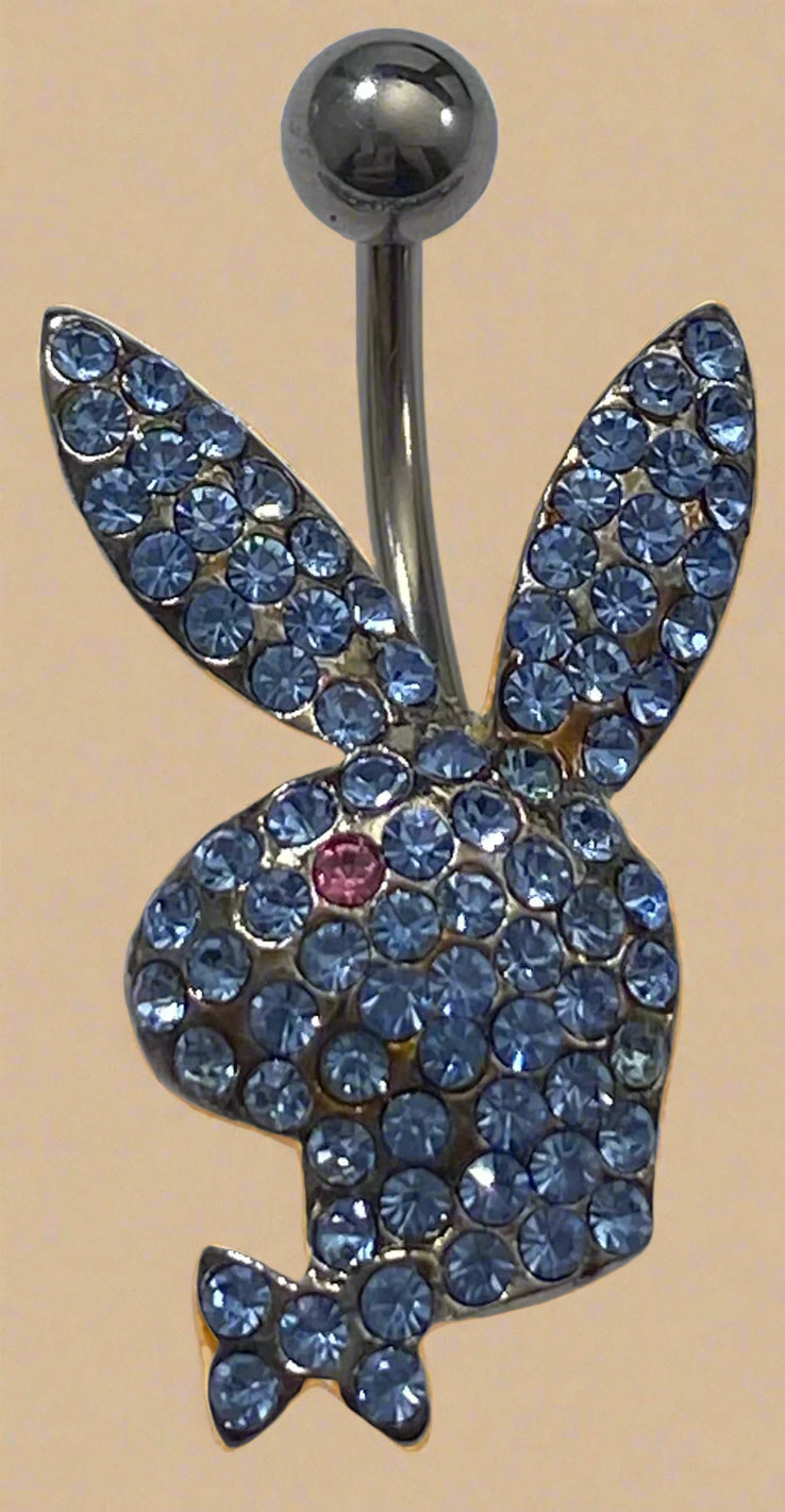 Playboy Blue Crystal Bunny Head with Pink Eye Belly Ring Stainless Steel