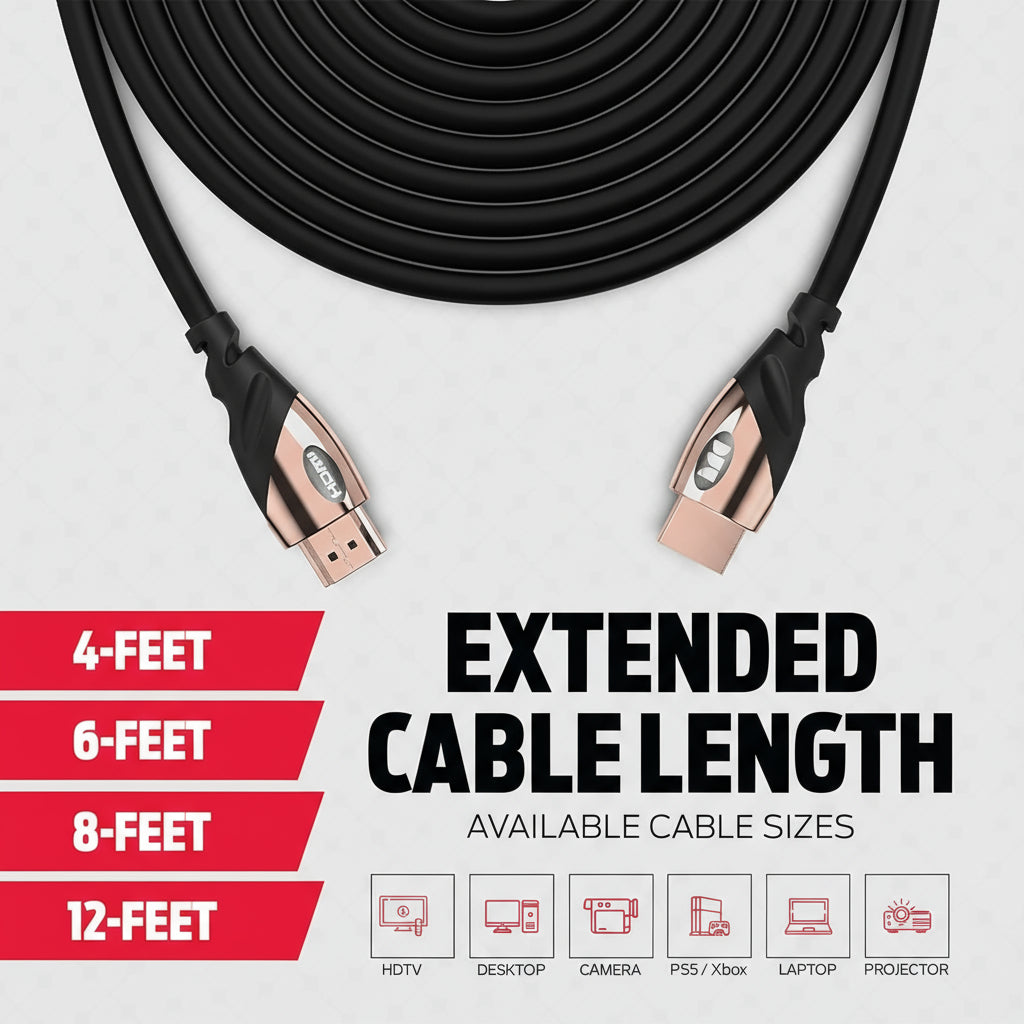 4K Ultra HD HDMI Cable – 24K Gold Contacts, High-Speed 21 Gbps, Duraflex Coating (4/6/8/12 Ft) - Hammerhead LLC.