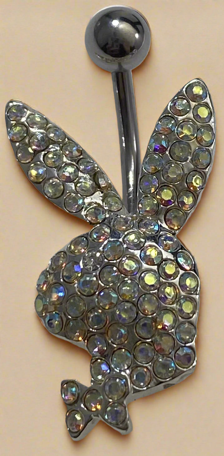 Playboy Rainbow Crystal Bunny Head with Pink Eye Belly Ring Stainless Steel