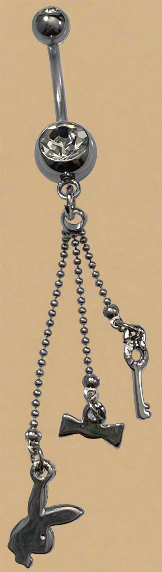 Playboy White Crystal Triple Charm Dangle Belly Ring Stainless Steel