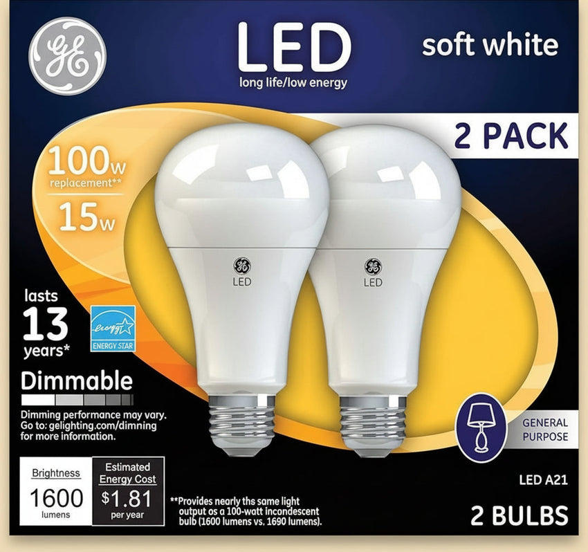 GE Lighting 65941 15 Watt E26 A21 Soft White LED Dimmable Light Bulb 2 Pack