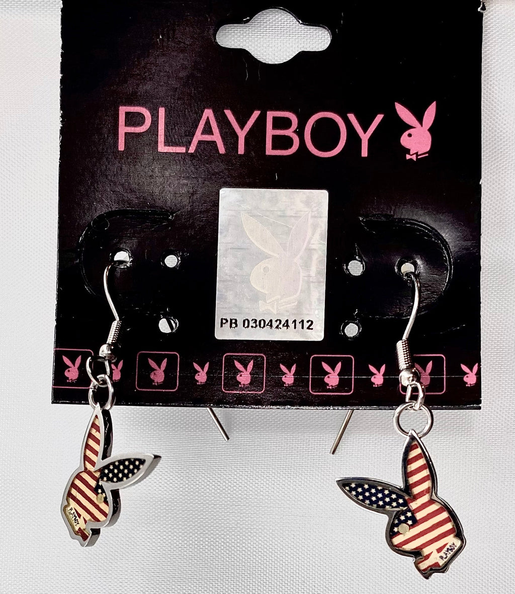Playboy Bunny Drop Earrings – American Flag Design on Stainless Steel Hooks