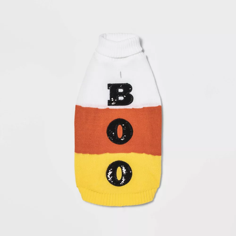 Boots & Barkley Candy Corn “Boo” Halloween Sweater for Dogs and Cats – XL