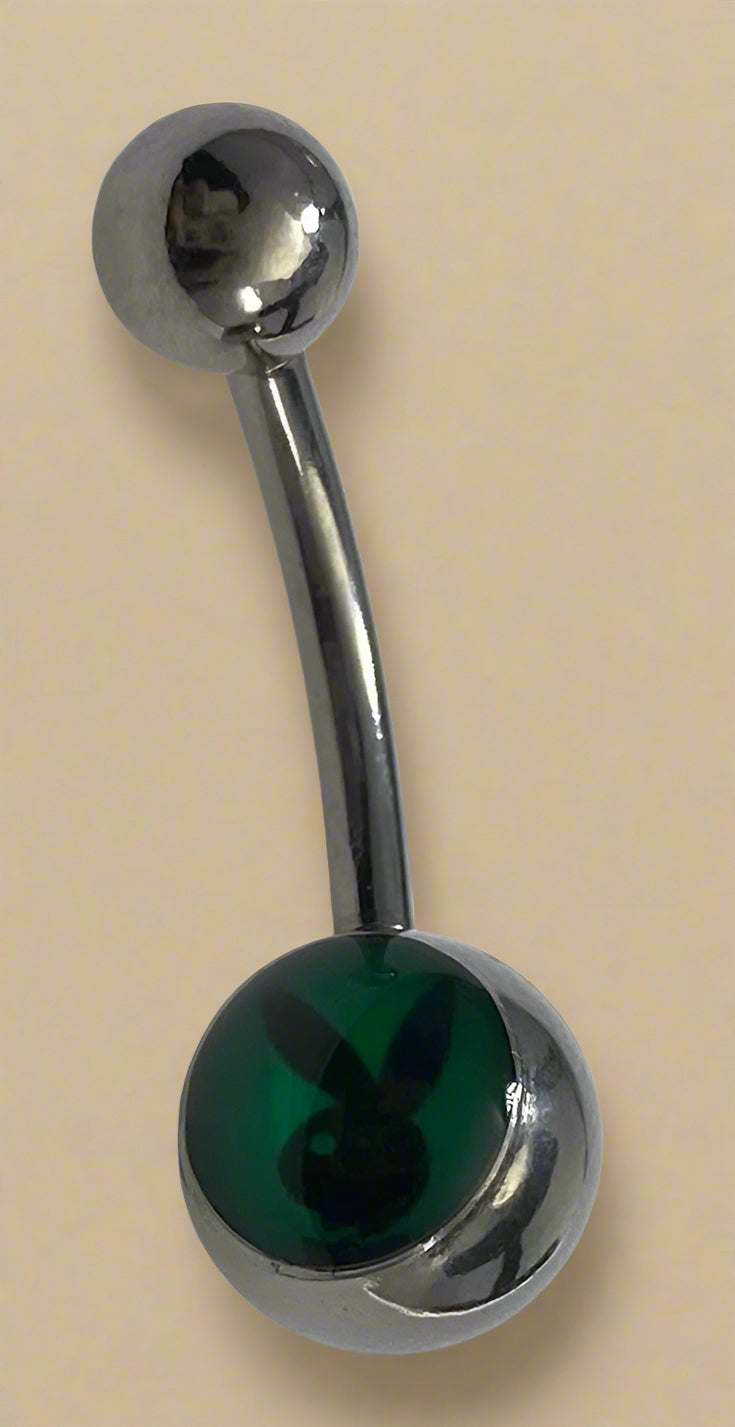Playboy Green & Black Bunny Head Inlay Belly Ring Stainless Steel