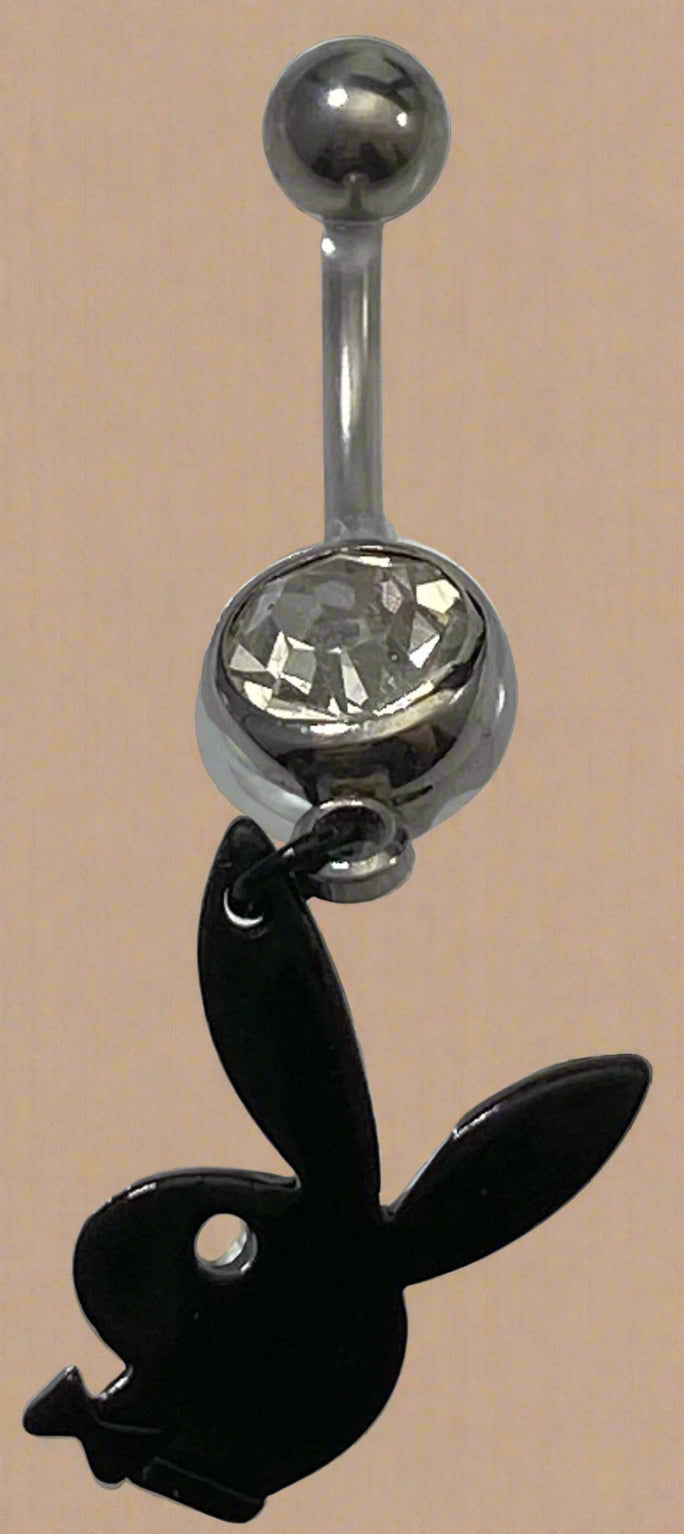 Playboy White Crystal with Black Bunny Charm Belly Ring Stainless Steel