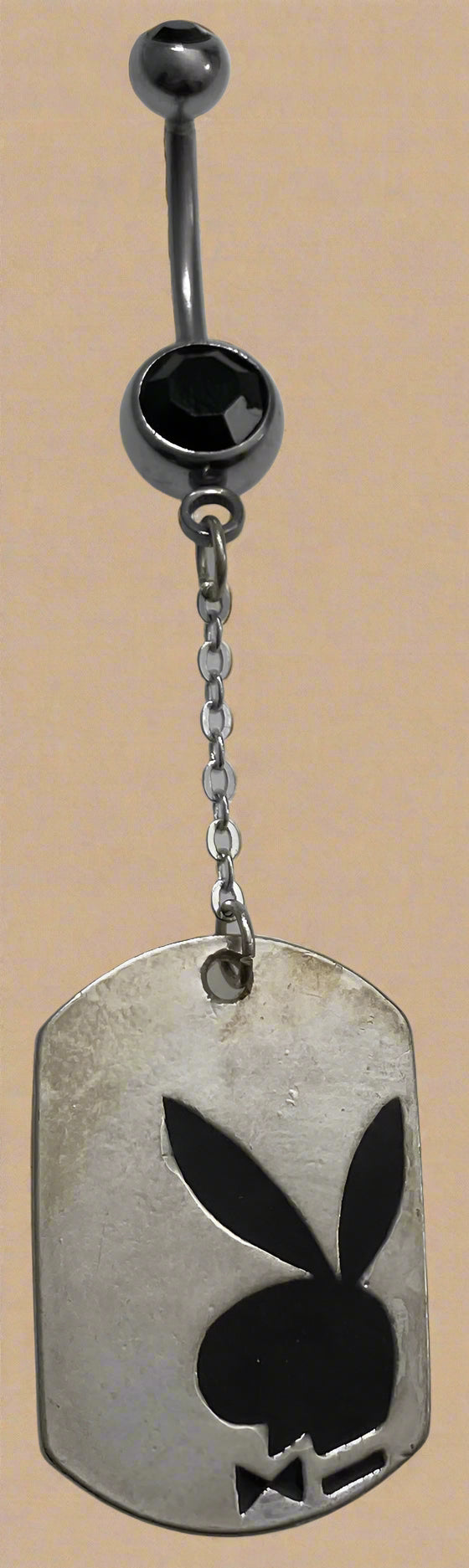 Playboy Dog Tag with Black Crystal & Bunny Head Belly Ring Stainless Steel