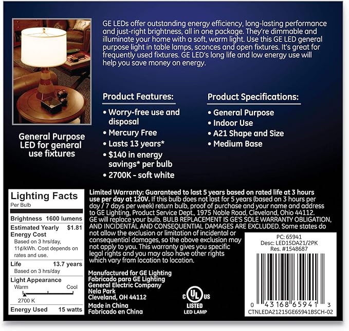 GE Lighting 65941 15 Watt E26 A21 Soft White LED Dimmable Light Bulb 2 Pack