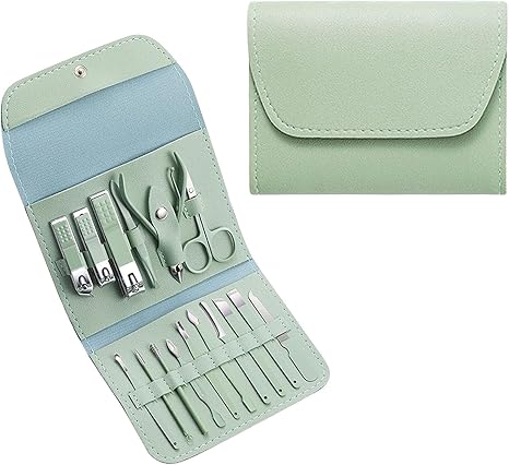 Stainless Steel Professional 16-Piece Manicure Pedicure Facial Set Grooming Kit with Luxurious Portable Travel Leather Case - Green