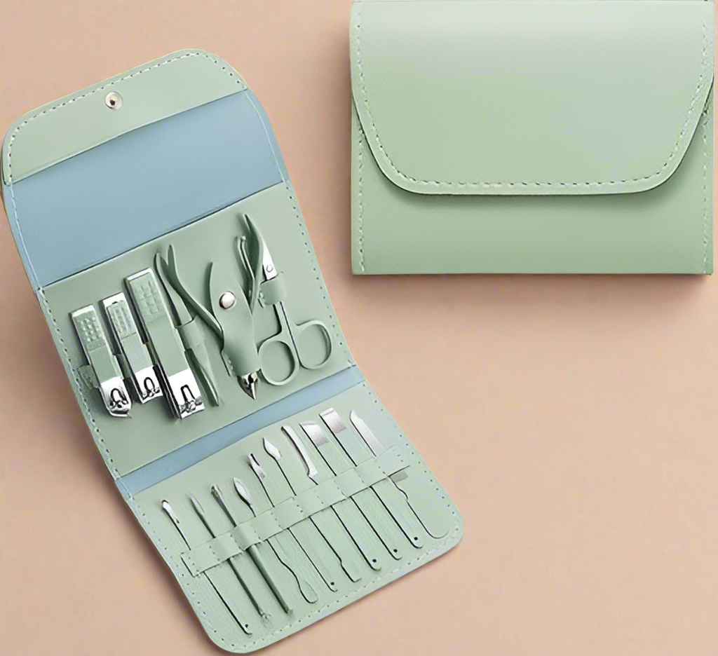 Stainless Steel Professional 16-Piece Manicure Pedicure Facial Set Grooming Kit with Luxurious Portable Travel Leather Case - Green