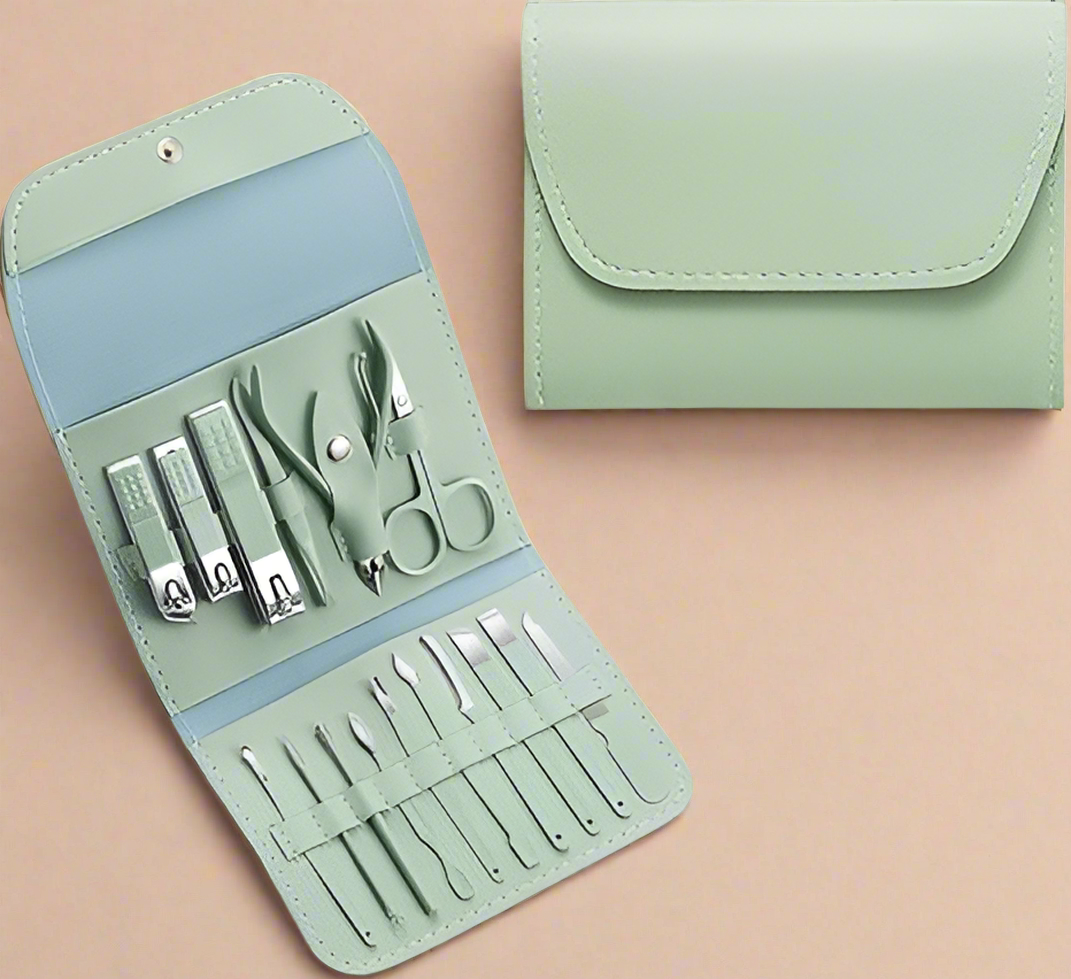 Stainless Steel Professional 16-Piece Manicure Pedicure Facial Set Grooming Kit with Luxurious Portable Travel Leather Case - Green