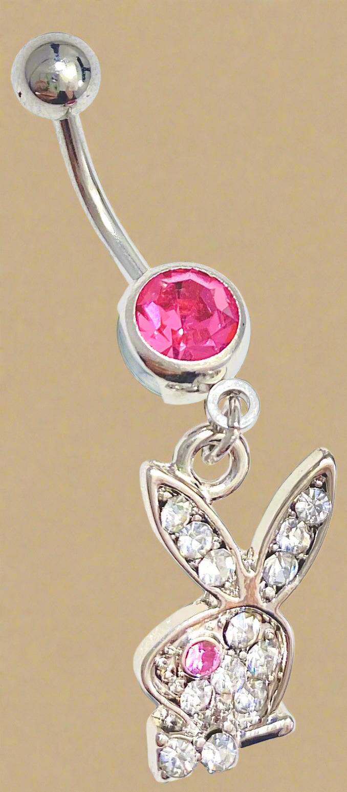 Playboy Pink & White Crystal Bunny Head Belly Ring Stainless Steel