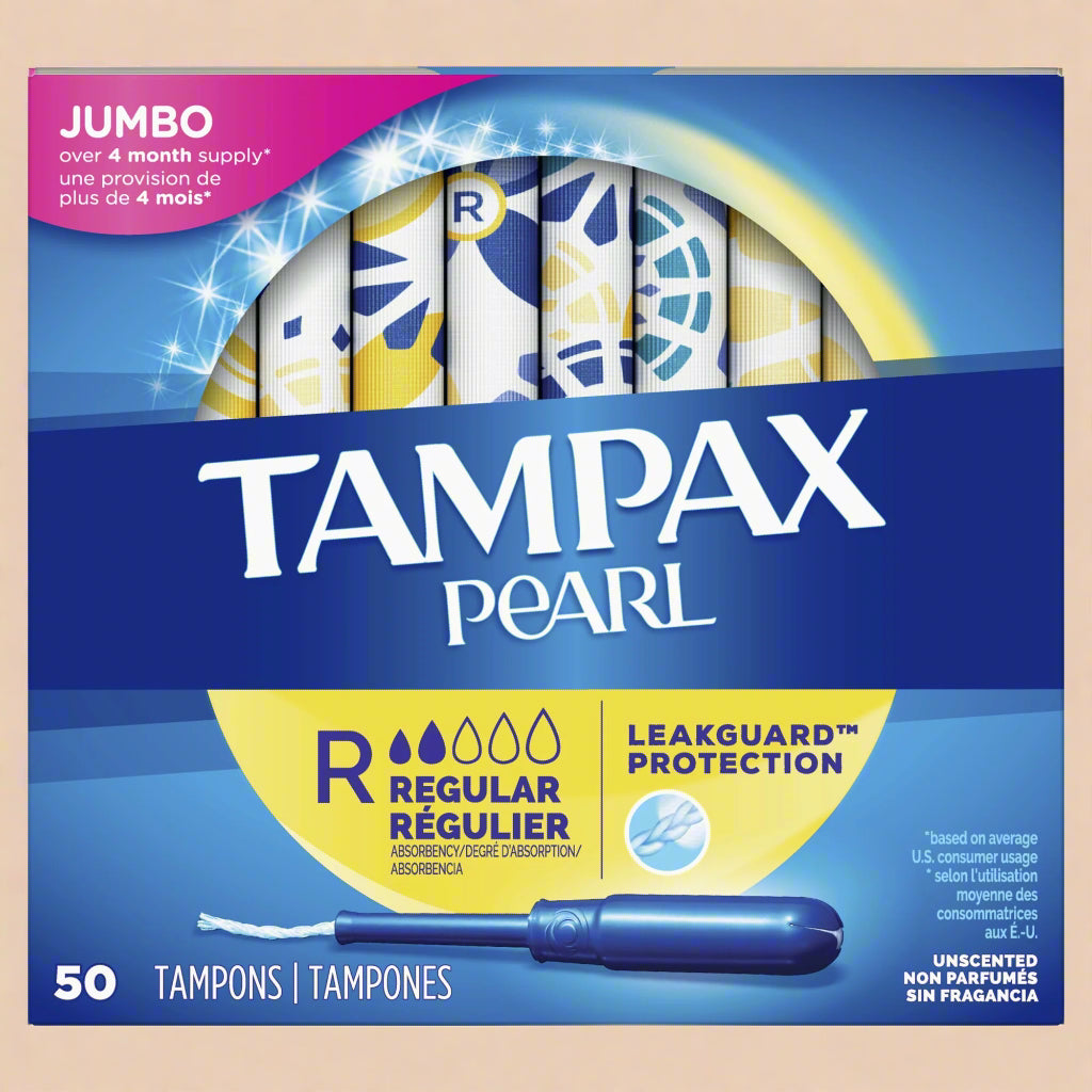 Tampax Pearl Tampons – Regular Absorbency, 50 Count (Jumbo Pack)