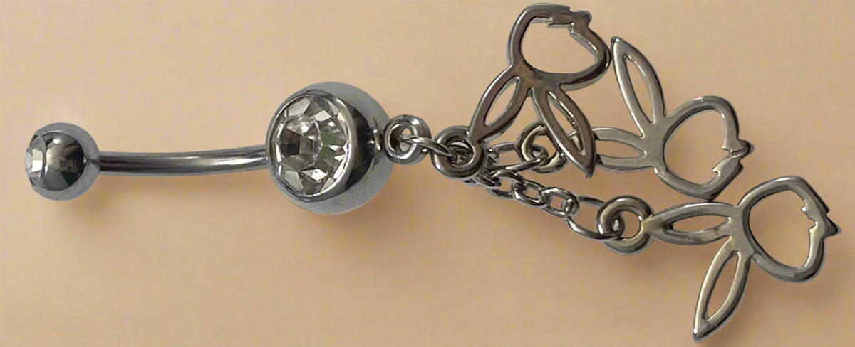 Playboy White Crystal with Triple Cut-Out Bunny Heads Belly Ring Stainless Steel