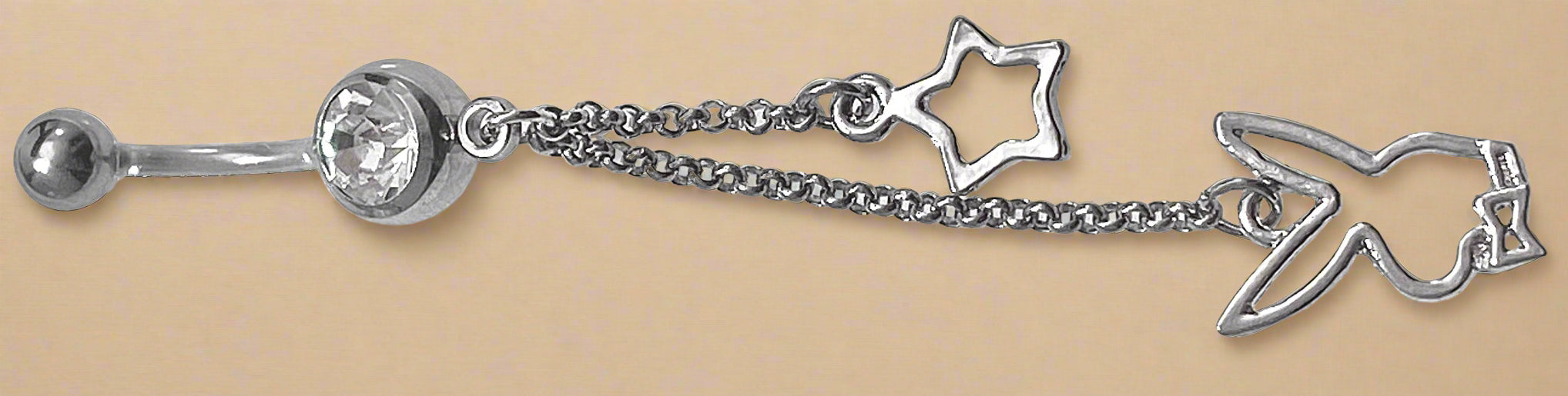 Playboy White Crystal with Double Charm Dangle Belly Ring Stainless Steel