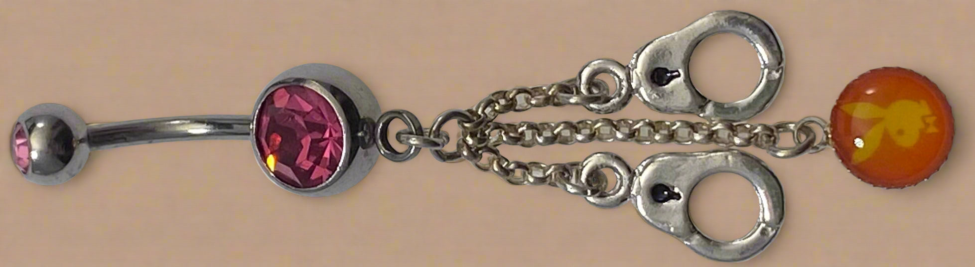 Playboy Pink Crystal with Handcuffs & Bunny Inlay Belly Ring Stainless Steel