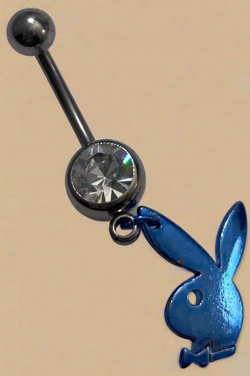 Playboy White Crystal with Blue Bunny Head Belly Ring Stainless Steel