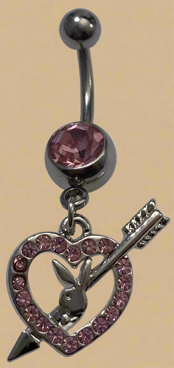 Playboy Pink Crystal Heart with Arrow & Bunny Head Belly Ring Stainless Steel