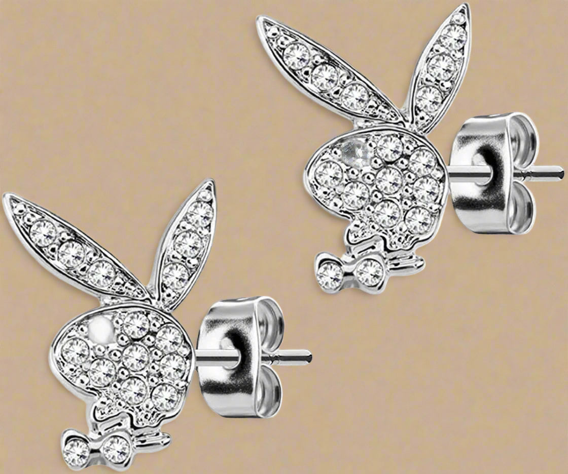 Playboy Crystal Bunny Stud Earrings – White Pavé on Stainless Steel