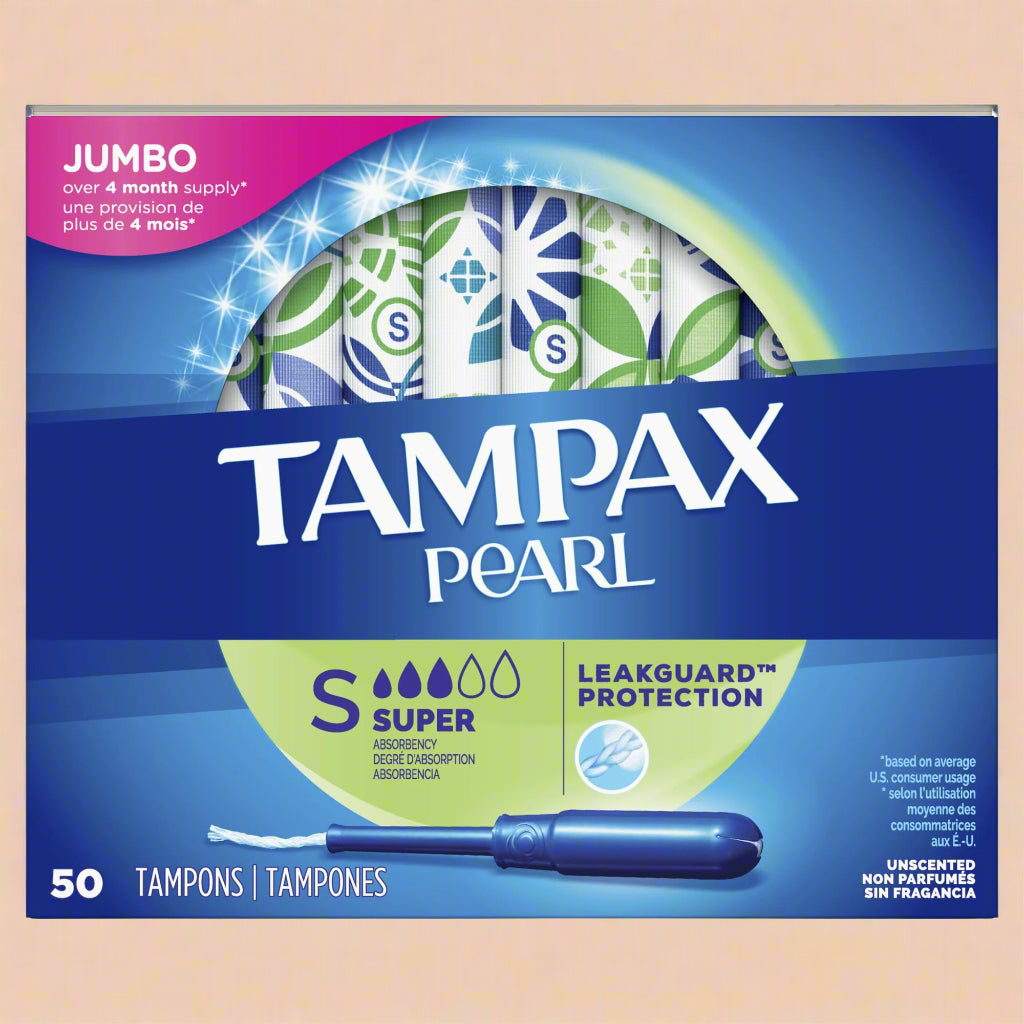Tampax Pearl Tampons – Super Absorbency, 50 Count (Jumbo Pack)