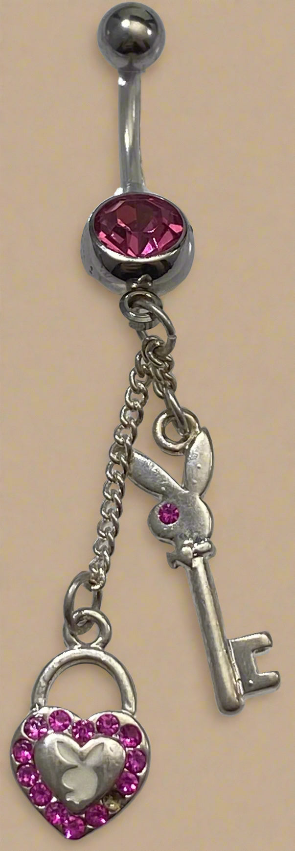 Playboy Pink Crystal Heart & Key Dangle Belly Ring Stainless Steel