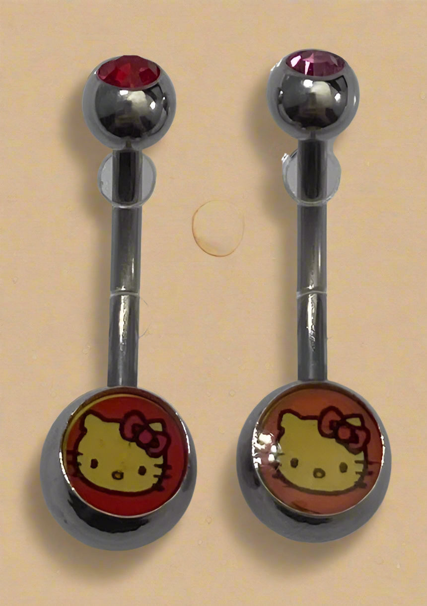 Hello Kitty – Belly Bar Button Ring Piercing Jewelry with Red Stone and Pink Stone