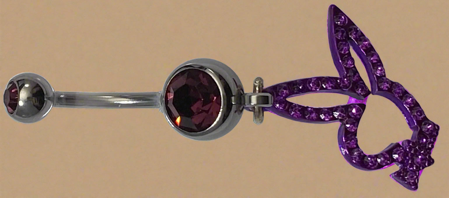 Playboy Purple Crystal with Matching Bunny Head Belly Ring Stainless Steel