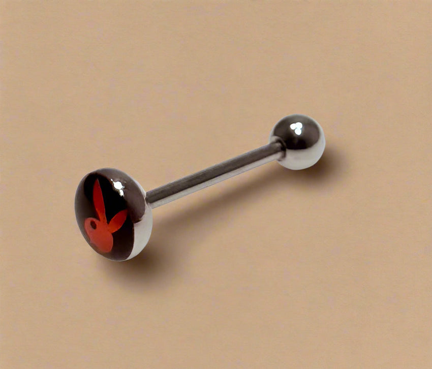 Playboy Tongue Barbell – Black & Red Stainless Steel Logo Design
