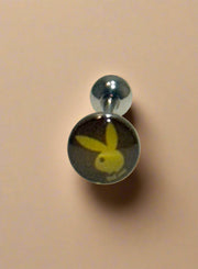 Playboy Tongue Barbell – Black & Yellow Stainless Steel with Bunny Logo