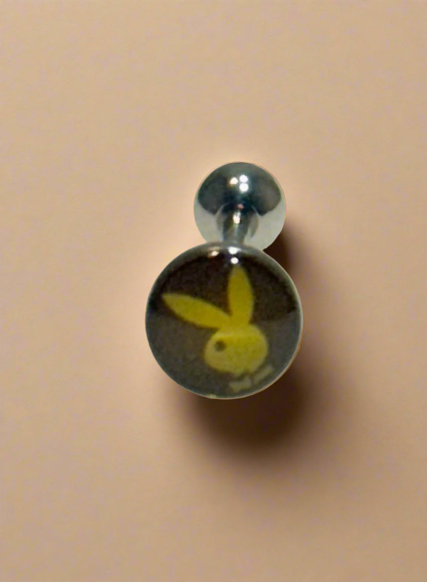 Playboy Tongue Barbell – Black & Yellow Stainless Steel with Bunny Logo