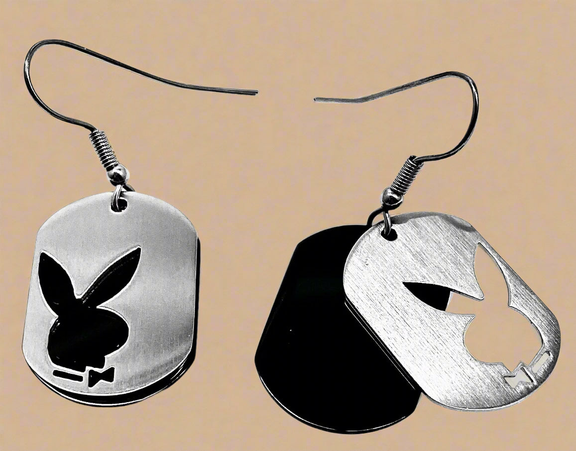 Playboy Double Dog Tag Earrings – Small Stainless Steel with Bunny Cutouts