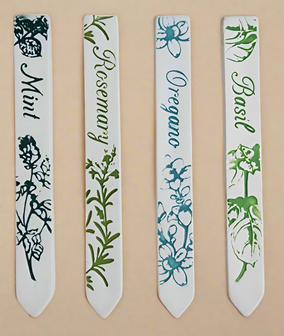 Ceramic Herb Stake Plant Markers – Set of 4 (Mint, Rosemary, Oregano, Basil)