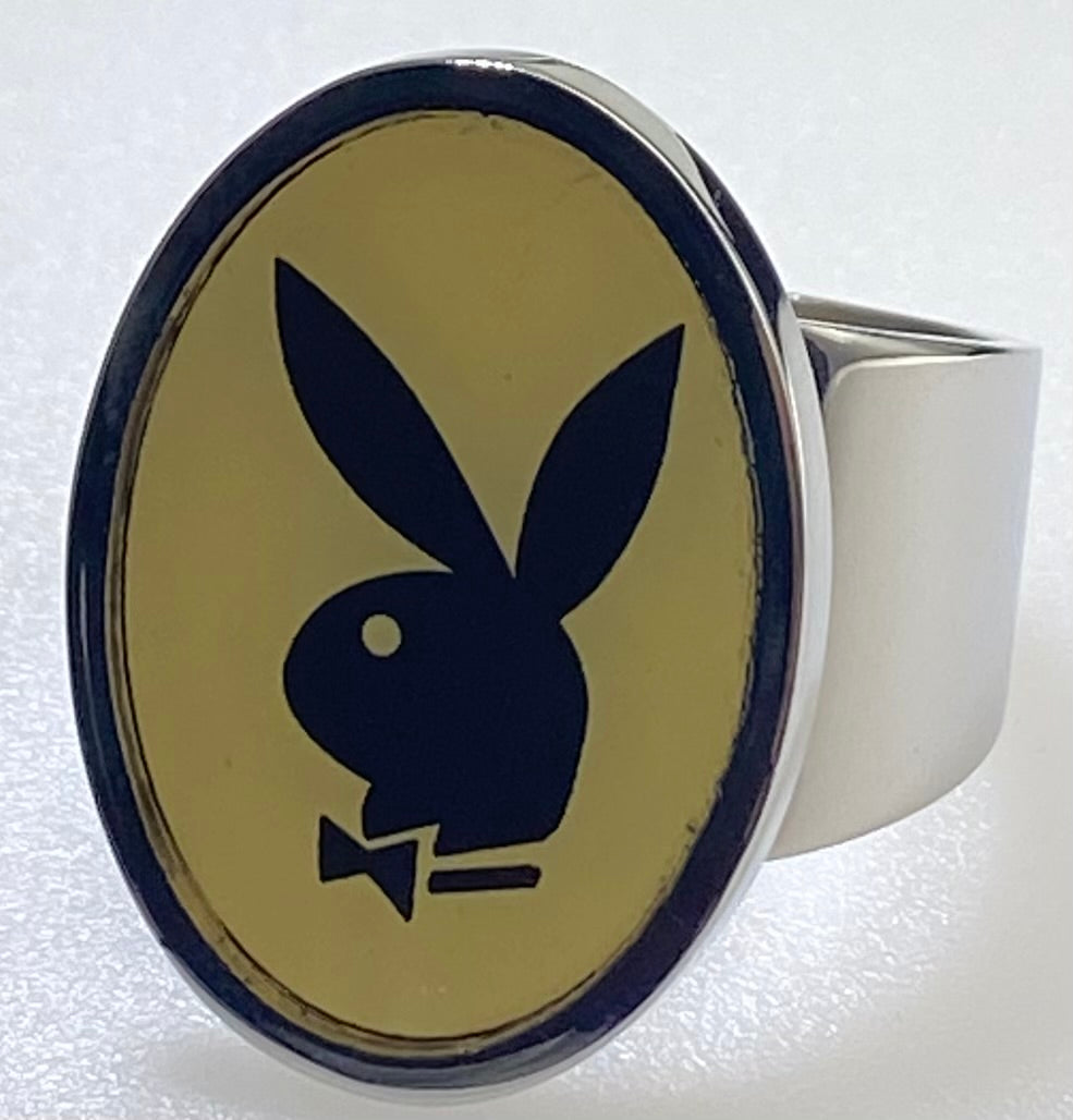 Playboy Yellow Inlay Ring with Black Bunny Head Size 11 Stainless Steel