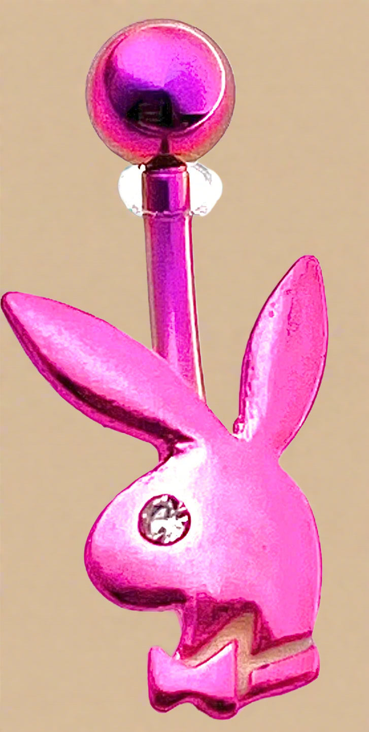 Playboy Pink Bunny Head with White Crystal Eye Belly Ring Stainless Steel