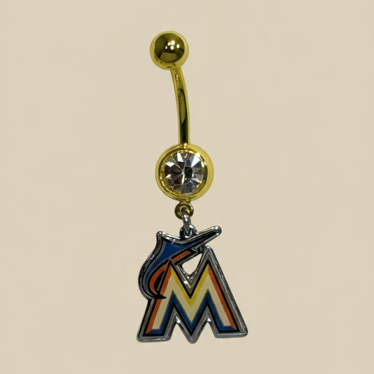 MLB Miami Marlins Yellow Anodized Belly Ring with Clear Gem