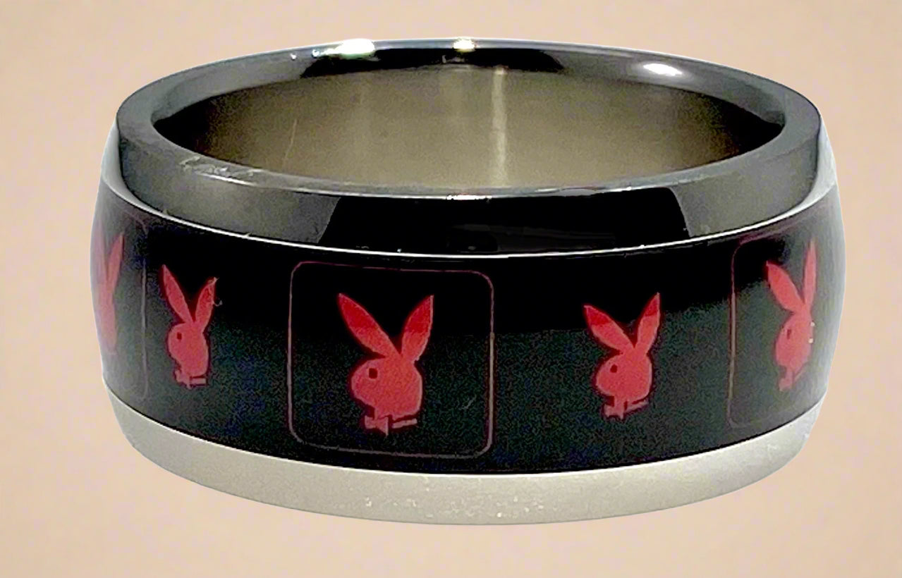 Playboy Black Inlay Ring with Red Bunny Head Stainless Steel
