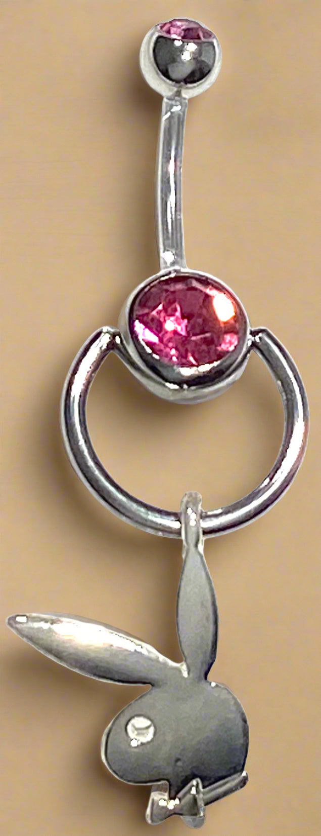 Playboy Pink Crystal Circle Bunny Head with White Eye Belly Ring Stainless Steel